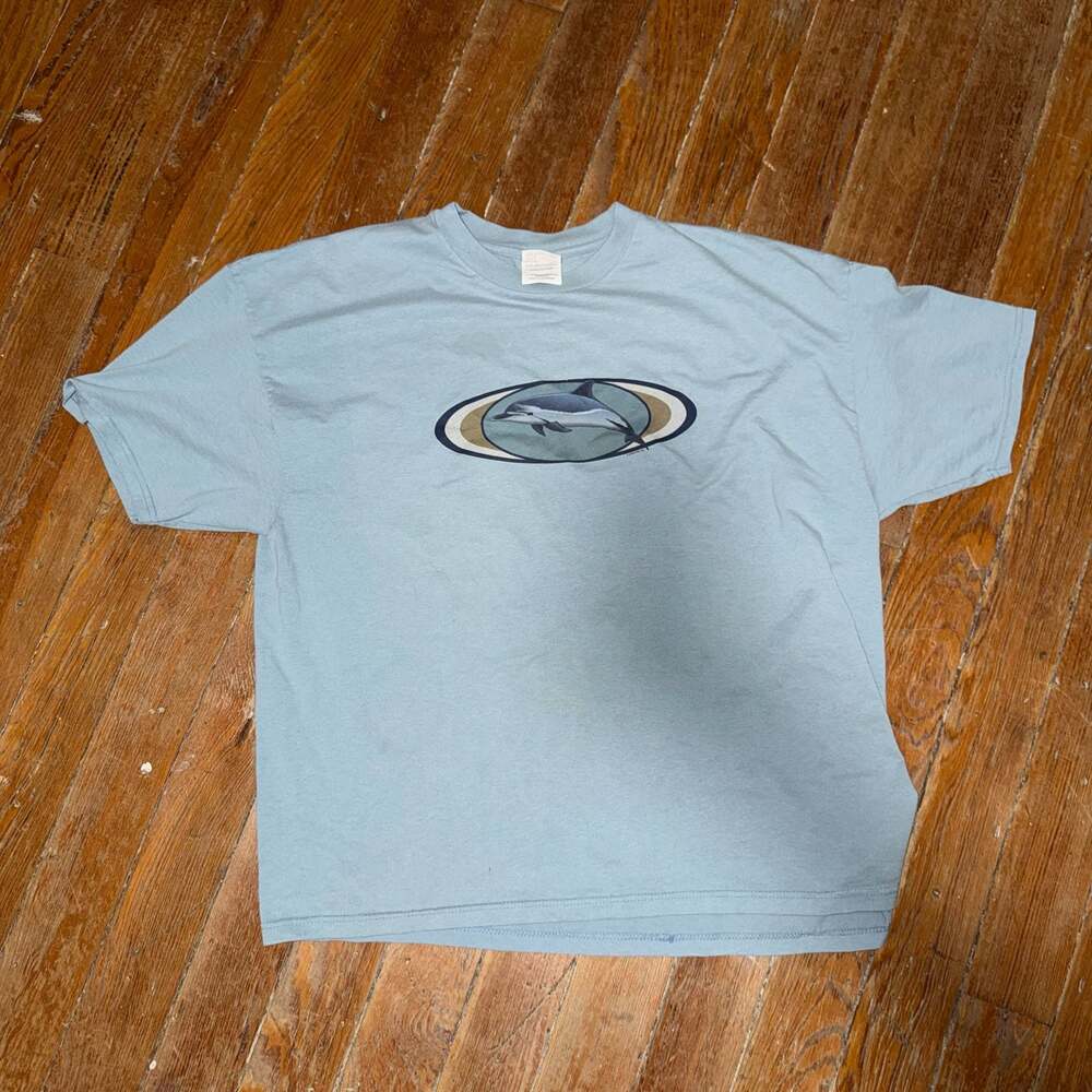 Vintage Hanes Heavyweight Dolphin Graphic Print T-Shirt Light Blue XL